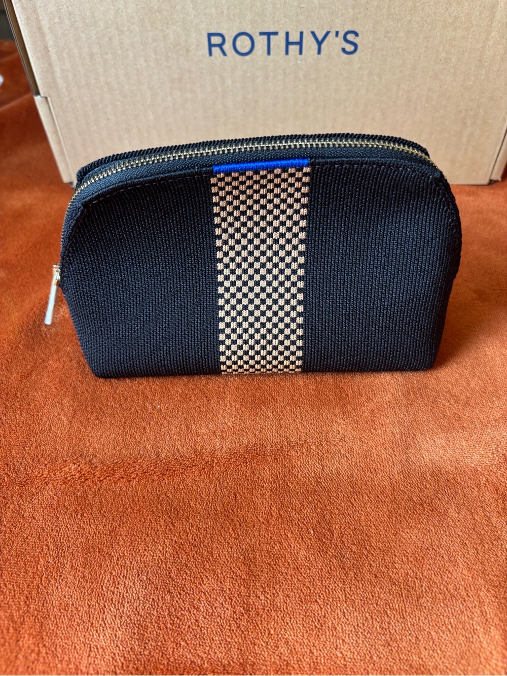 Rothy's Black and Tan Check Mini Toiletry Pouches with Blue Accents - Picture 3 of 8